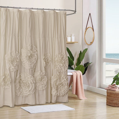 Farmhouse Ruffle Shower Curtain with Handmade 3D Flowers, Vintage Ruched Fabric Shower Curtains for Bathroom, Festive Luxury Bathroom Curtain with 12 Holes, White, 72" x 72