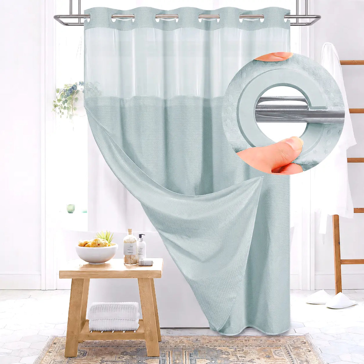 DYNAMENE Premium No-Hook Washable Waffle Weave Shower Curtain Set, Heavy-Duty Double Layer with Snap-In Detachable Waterproof Liner & Mesh Window, Contemporary Matte Finish Bathroom Accessory for Hotel-Inspired Bathroom Look