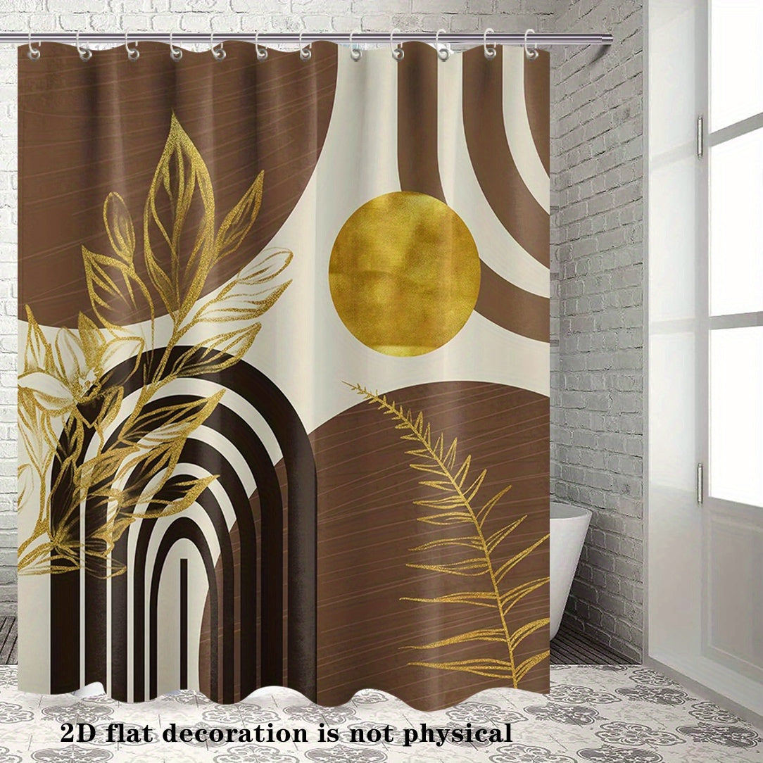 2D Flat, 2D Flat Banner Boho Mid Century Modern Shower Curtain Black and Brown Shower Curtains for Bathroom Decor Beige and Dark Tan Golden Leaves Abstract Bath Curtain Set, 70.8x70.8 Inch, 2D Flat