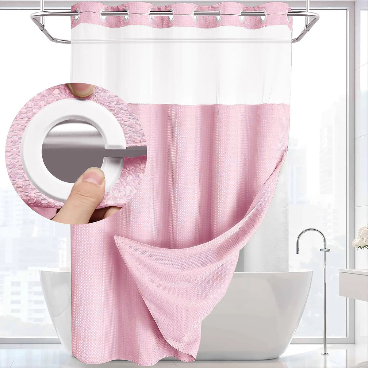 Hookless Shower Curtain and Liner Set - Snap-In Hooks, Plastic Fast-Dry Fabric, Waffle Pattern, Waterproof, Mildew-Blocking, Modern Aesthetic Home Bathroom Accessory