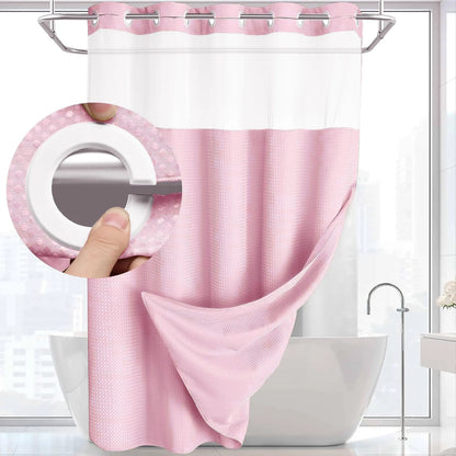 Hookless Shower Curtain and Liner Set - Snap-In Hooks, Plastic Fast-Dry Fabric, Waffle Pattern, Waterproof, Mildew-Blocking, Modern Aesthetic Home Bathroom Accessory