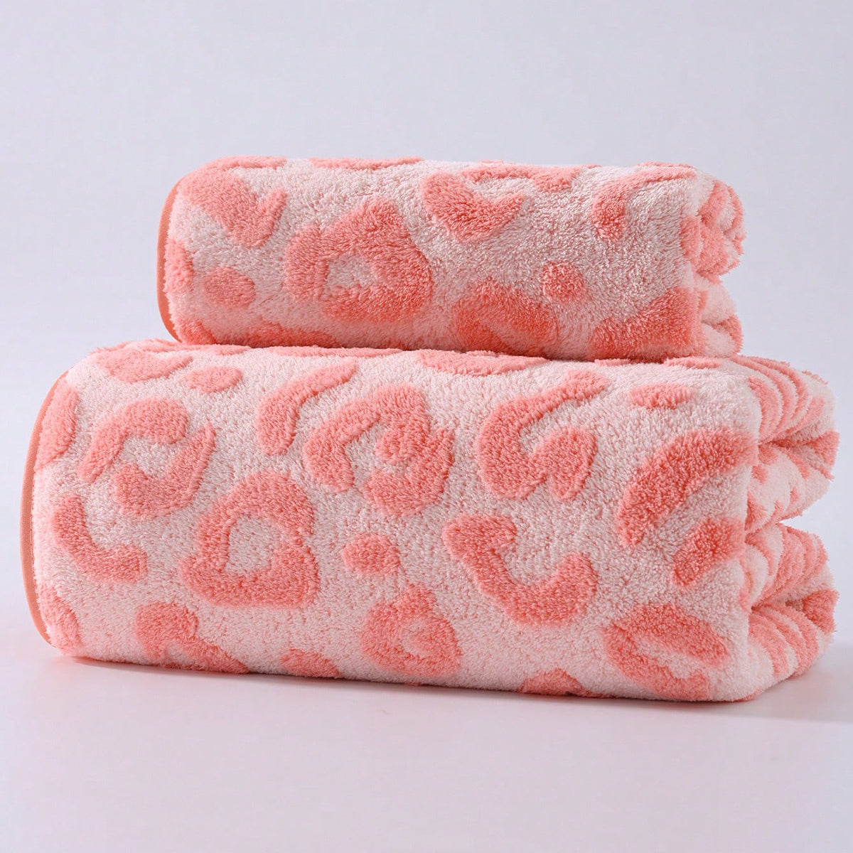 [Pink Leopard Towel Set] 2pcs Set, Pink Series, Modern Easy Fashion Coral Fleece Jacquard Craft, Towel And Bath Towel Set, Cute Leopard Print, Ultra-Soft, Quick-Dry, High-Quality, Durable Bathroom Accessory, Towel Size 34Cm X 75Cm