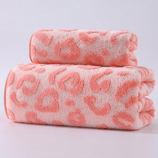 [Pink Leopard Towel Set] 2pcs Set, Pink Series, Modern Easy Fashion Coral Fleece Jacquard Craft, Towel And Bath Towel Set, Cute Leopard Print, Ultra-Soft, Quick-Dry, High-Quality, Durable Bathroom Accessory, Towel Size 34Cm X 75Cm