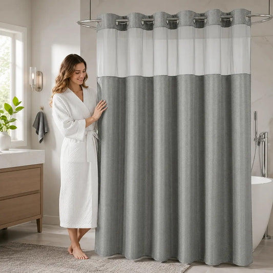 Hookless Waffle-Weave Shower Curtain Set, 72x75 in, with Washable White Fabric Liner (Snap Closures, Mesh Top), Waterproof Hotel-Style Bathroom Accessory for Home/Salon, Home Decor Supplies, Shower Curtains, Hookless Shower Curtain