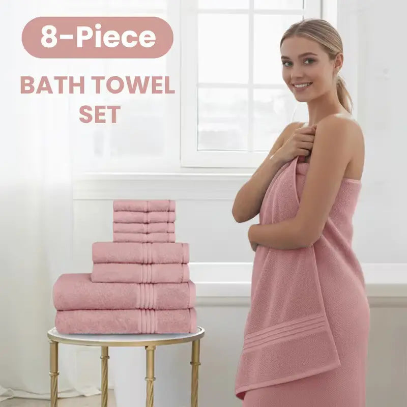 Hurbane Home Unisex Plain 8-Count 100% Pure Cotton Set - 2 Bath Towels, 2 Hand Towels, 4 Washcloths, Super Soft, Water Absorbent, Pouch Pack for Bathroom Home Use