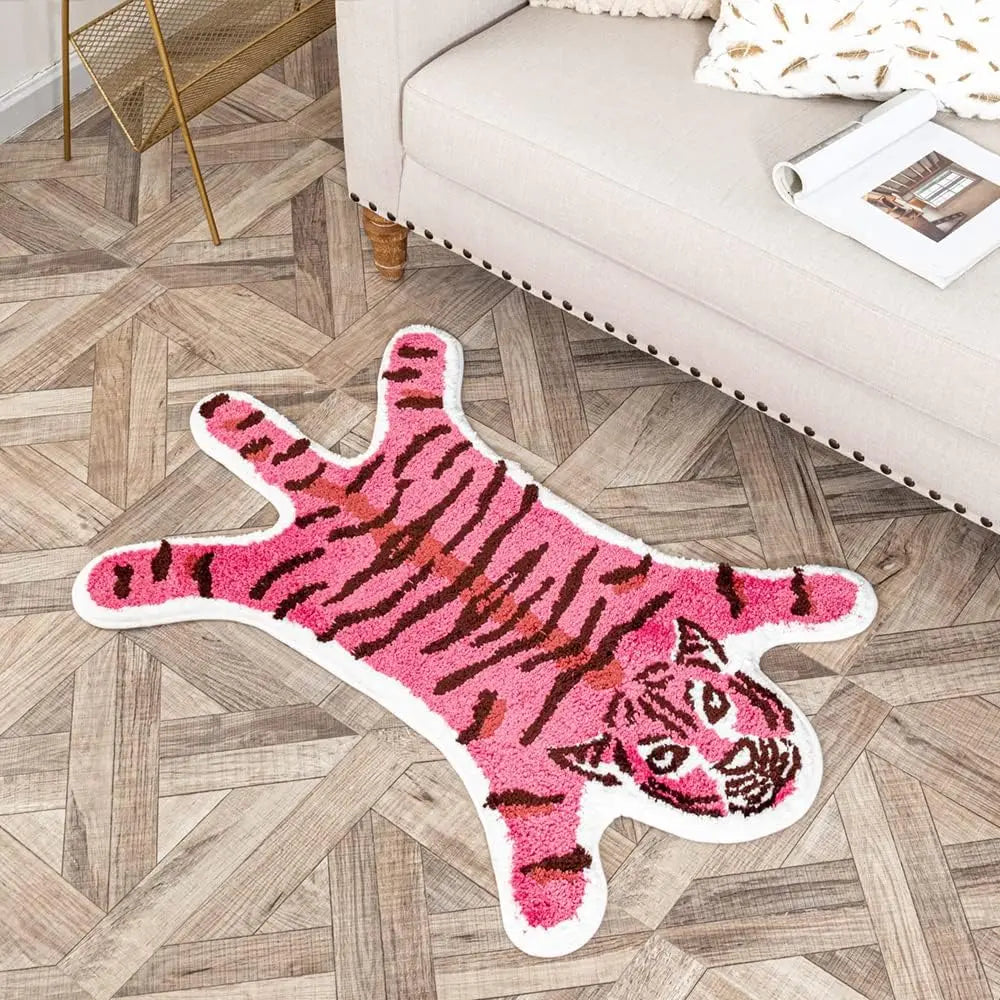 Pink Tiger Shaped Non-Slip Bathroom Mat, Nature-Inspired Animal Printed Rug, Modern Small Home Decor Playmat for Bathroom-Shower Splash Protection & Door Use, Bathroom Supplies, Room Decor