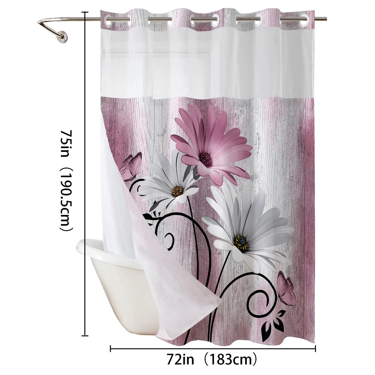 No hooks double-layer Daisy printed shower curtain, Waterproof fabric,Modern style home decoration, hotel, dormitory and bathroom accessories, 72x75in