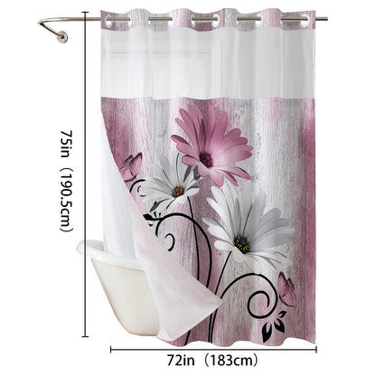 No hooks double-layer Daisy printed shower curtain, Waterproof fabric,Modern style home decoration, hotel, dormitory and bathroom accessories, 72x75in