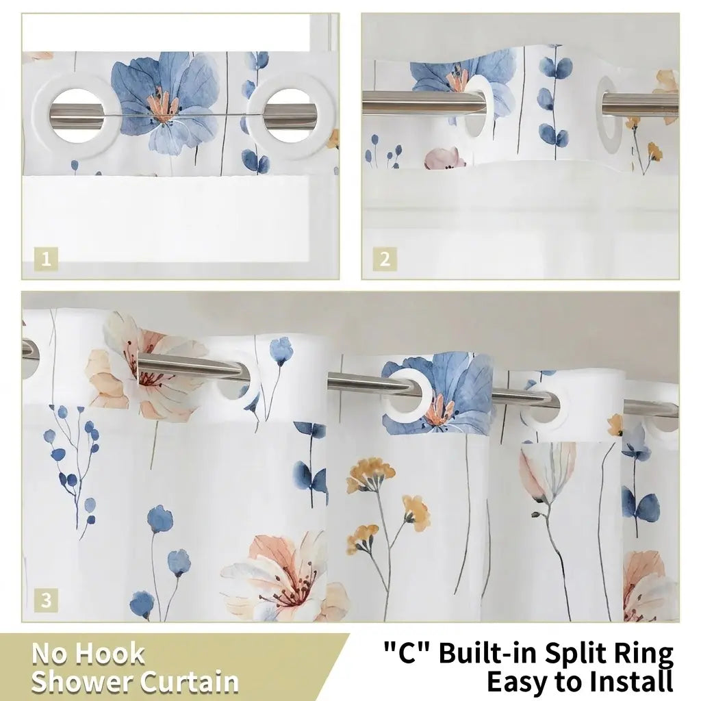 72x75 Inch No Hook Shower  with Liner, Watercolor Floral Country Style Fabric Bath  with Mesh Window