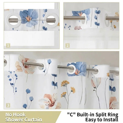 72x75 Inch No Hook Shower  with Liner, Watercolor Floral Country Style Fabric Bath  with Mesh Window