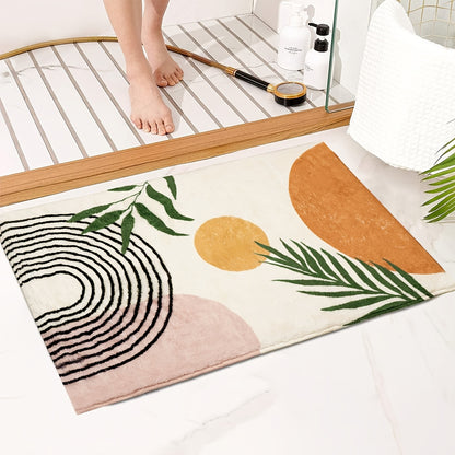 Luxurious Bohemian Style Non-Slip Bath Mat - Soft, Washable 700G Plush Faux Cashmere with TPR Backing, Modern Geometric & Botanical Design, Perfect for Shower & Bathtub, Rectangular, Bath Accessories
