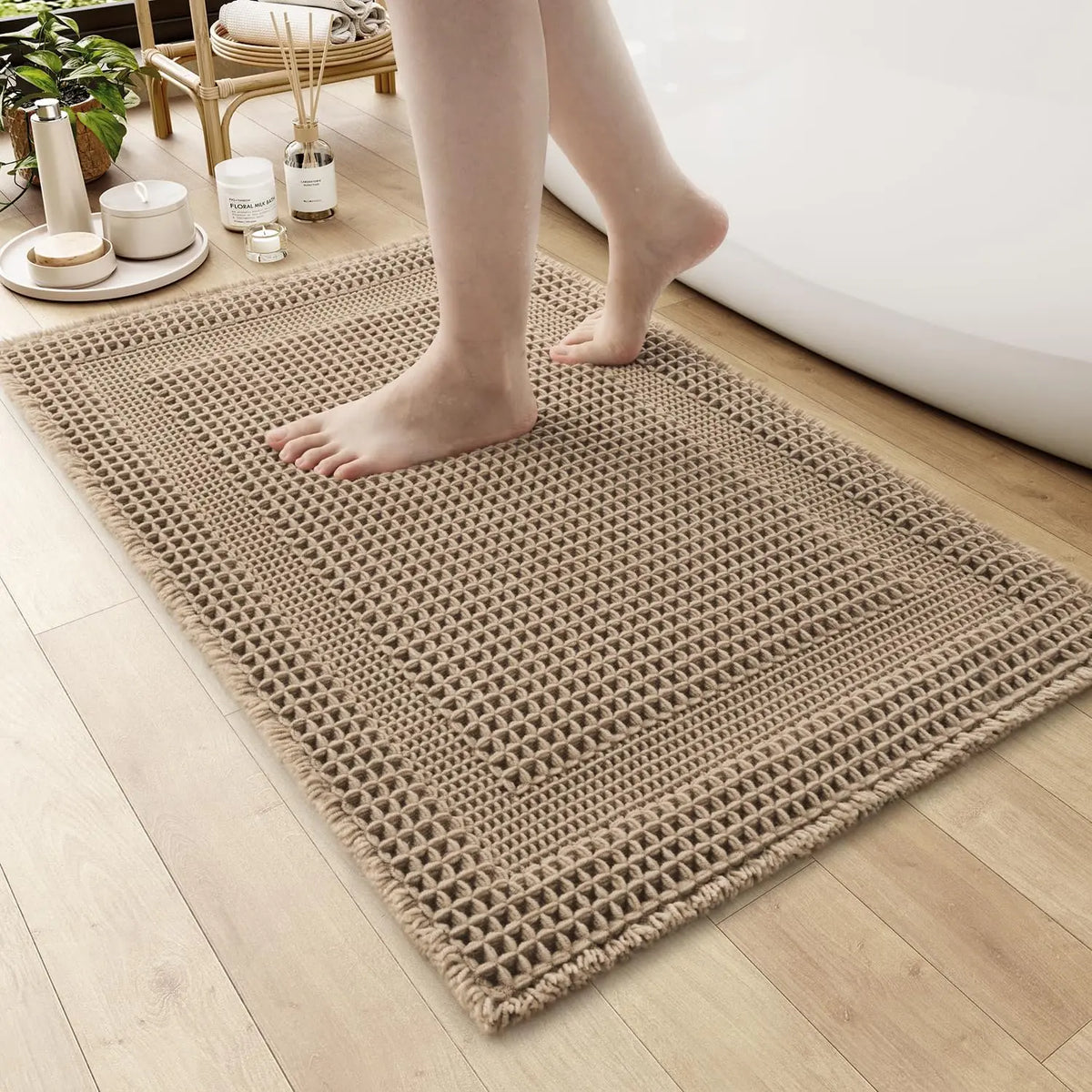 Cozy Synthetic Waffle Bath Mat - 17in x 24in Beige, Absorbent Non-Slip Modern Shower Flooring Rug, Machine Washable Ultra-Soft Boho Tasseled Bathroom Rug