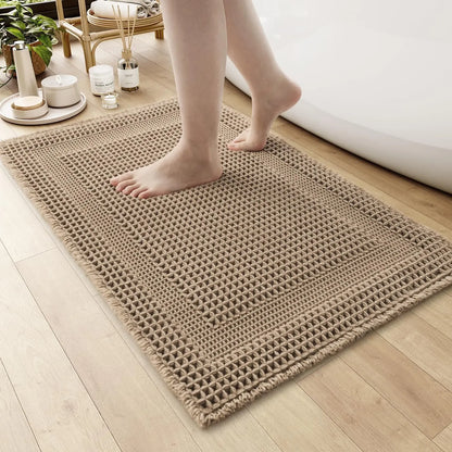 Cozy Synthetic Waffle Bath Mat - 17in x 24in Beige, Absorbent Non-Slip Modern Shower Flooring Rug, Machine Washable Ultra-Soft Boho Tasseled Bathroom Rug