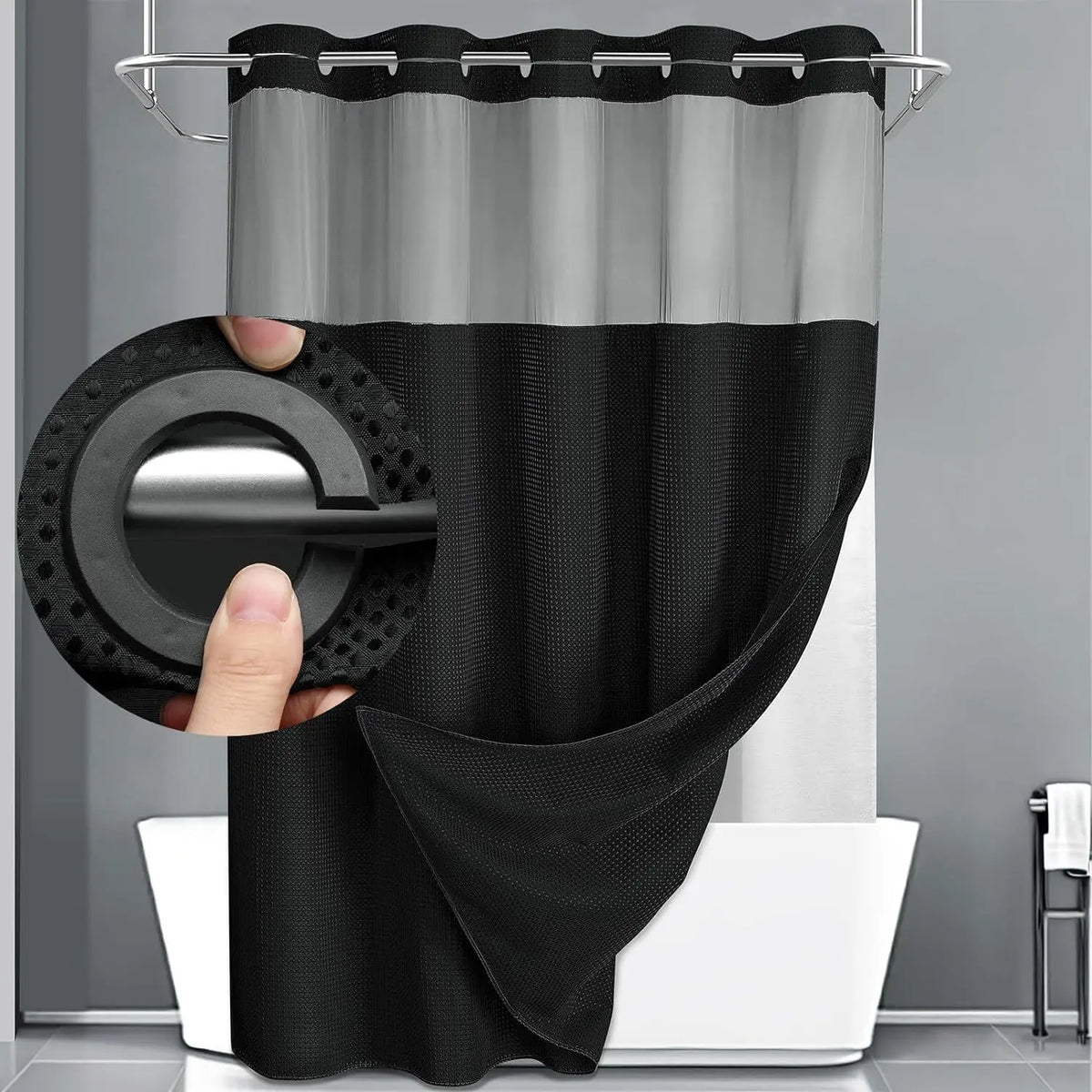 White Shower Curtain with Snap in Liner -No Hooks Waffle-Pattern Shower Curtain Double Layer Shower Curtain -Fabric Waterproof Inner Liner,Bathroom Accessory for Home, Hotel, Salon & Dormitory Decor