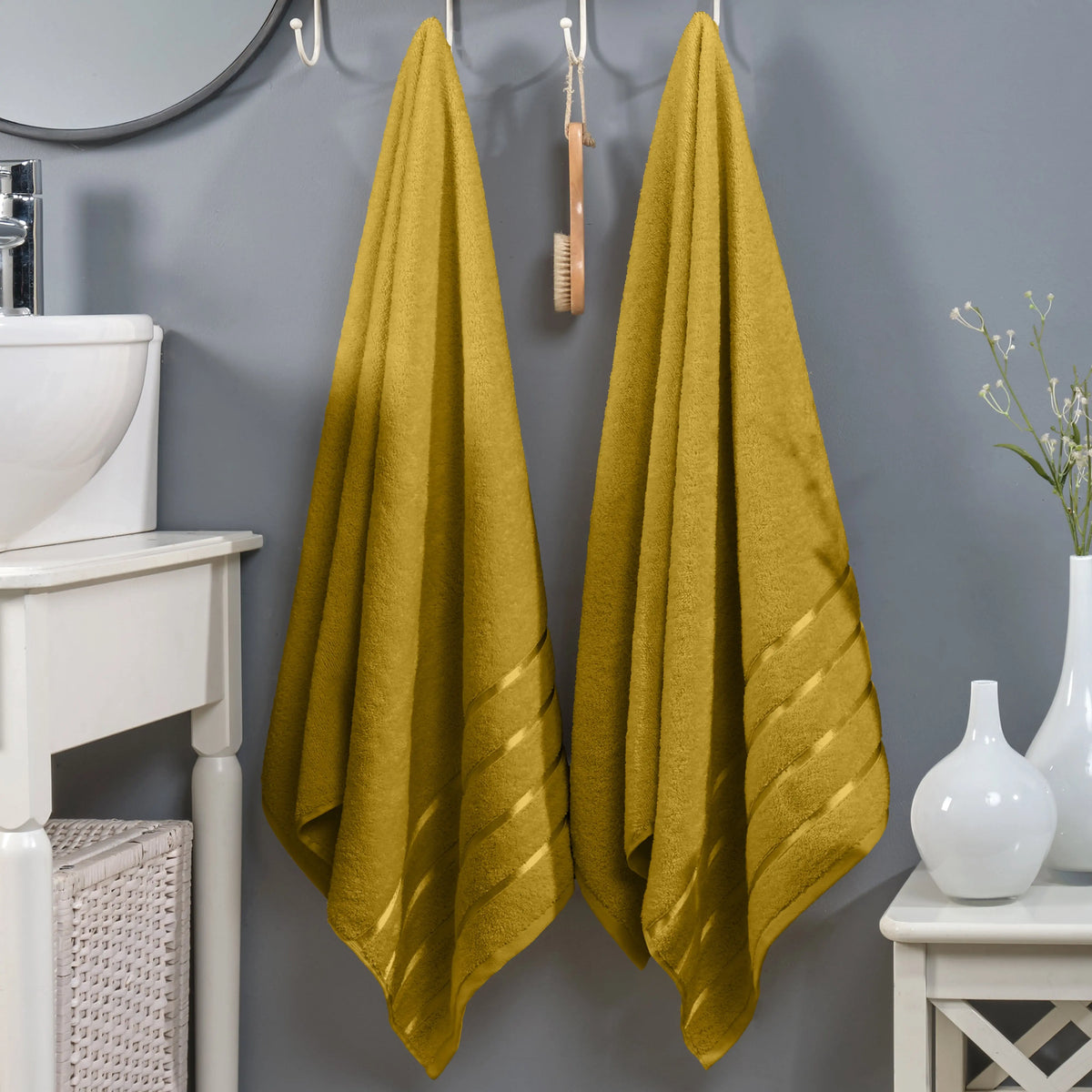Mocassi Fluffy Thick 2-Pack Premium Turkish Cotton 4-Line Stripe Bath Towel Set, Absorbent Breathable Water-Absorbent Body Towels, 27x54 in