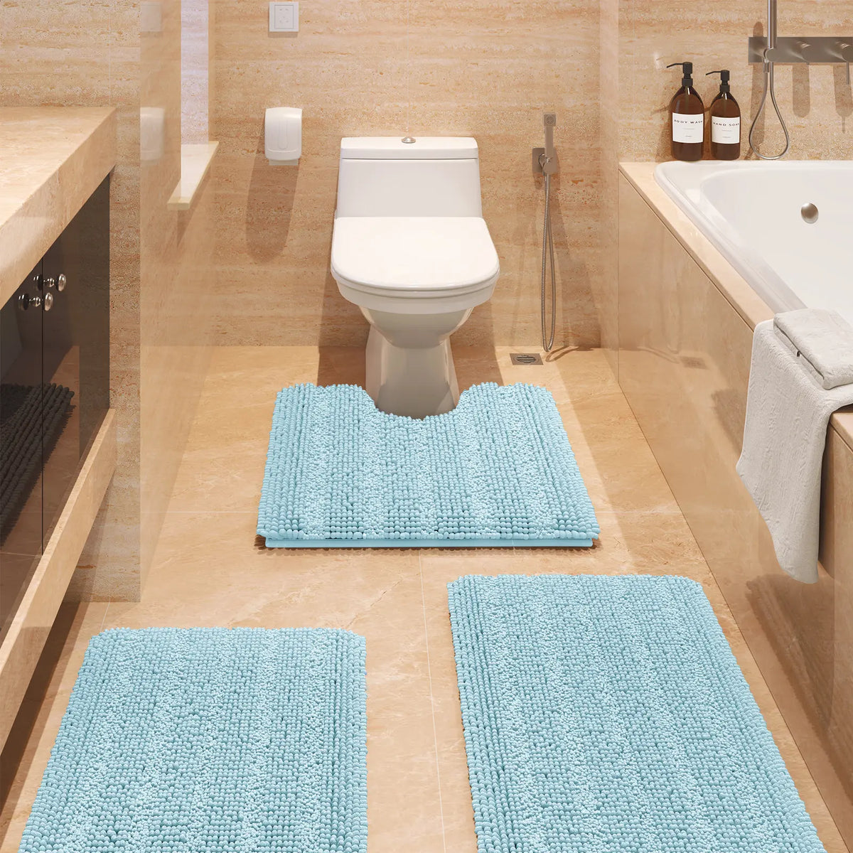 ACCUMTEK Striped Bathroom Rug Set Ultra Soft, Non Slip Chenille Toilet Mat, Absorbent Plush Shaggy Bath Mats for Bathroom, Bedroom, Kitchen