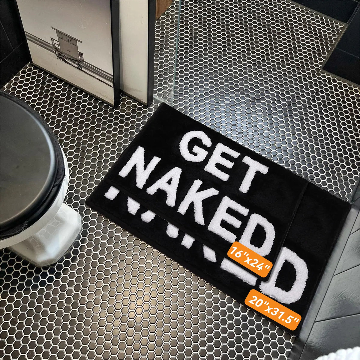 Black and White Microfiber Bath Mat - Home Supplies Floor Liners Bath Mats, Modern Non-Slip, Water Absorbent, Super Soft, Machine Washable, Low Effort, "GET NAKED" Text Print for Vanity Bathroom Decor (From Bathroom to Living Room), Soft Absorbent Mats, S