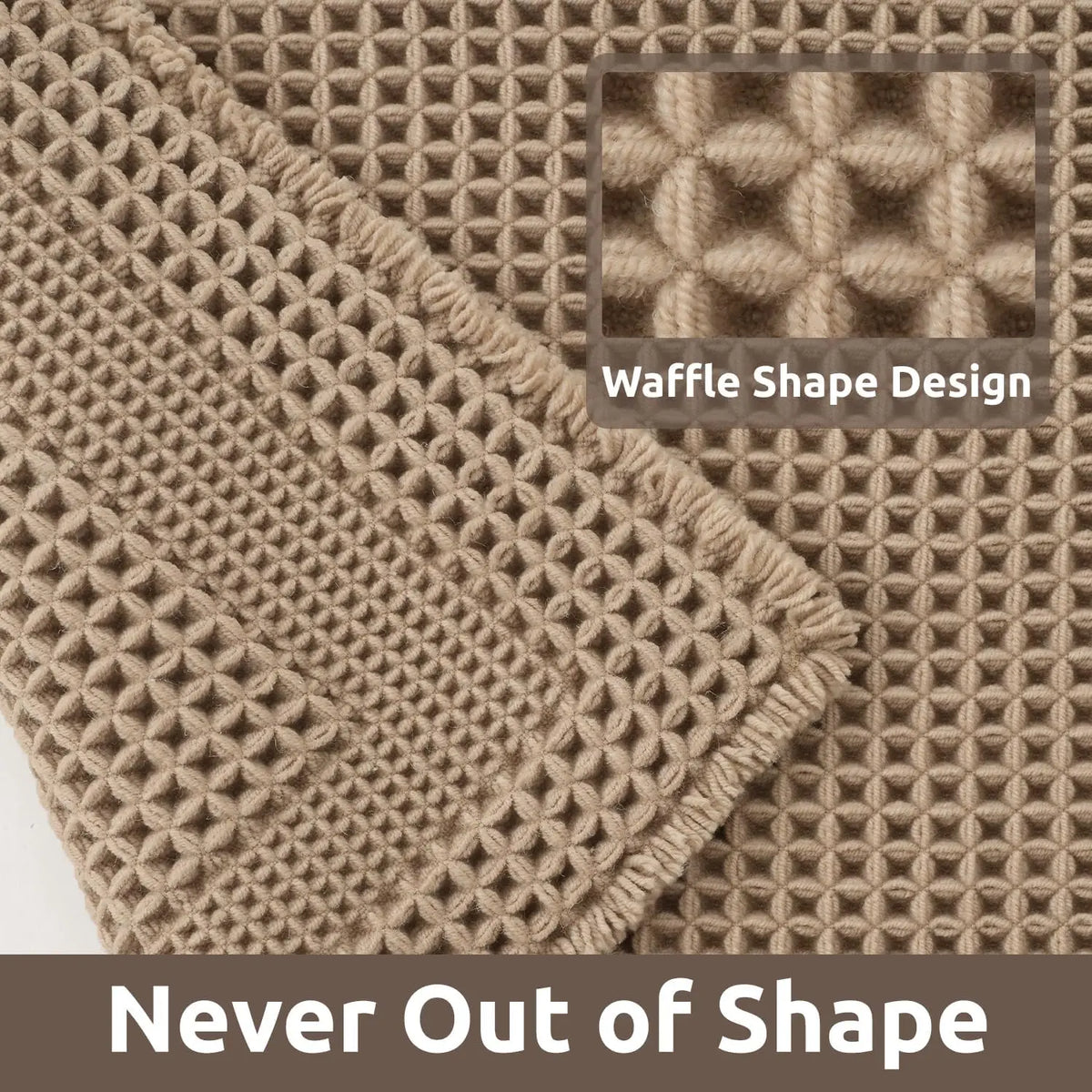 Cozy Synthetic Waffle Bath Mat - 17in x 24in Beige, Absorbent Non-Slip Modern Shower Flooring Rug, Machine Washable Ultra-Soft Boho Tasseled Bathroom Rug