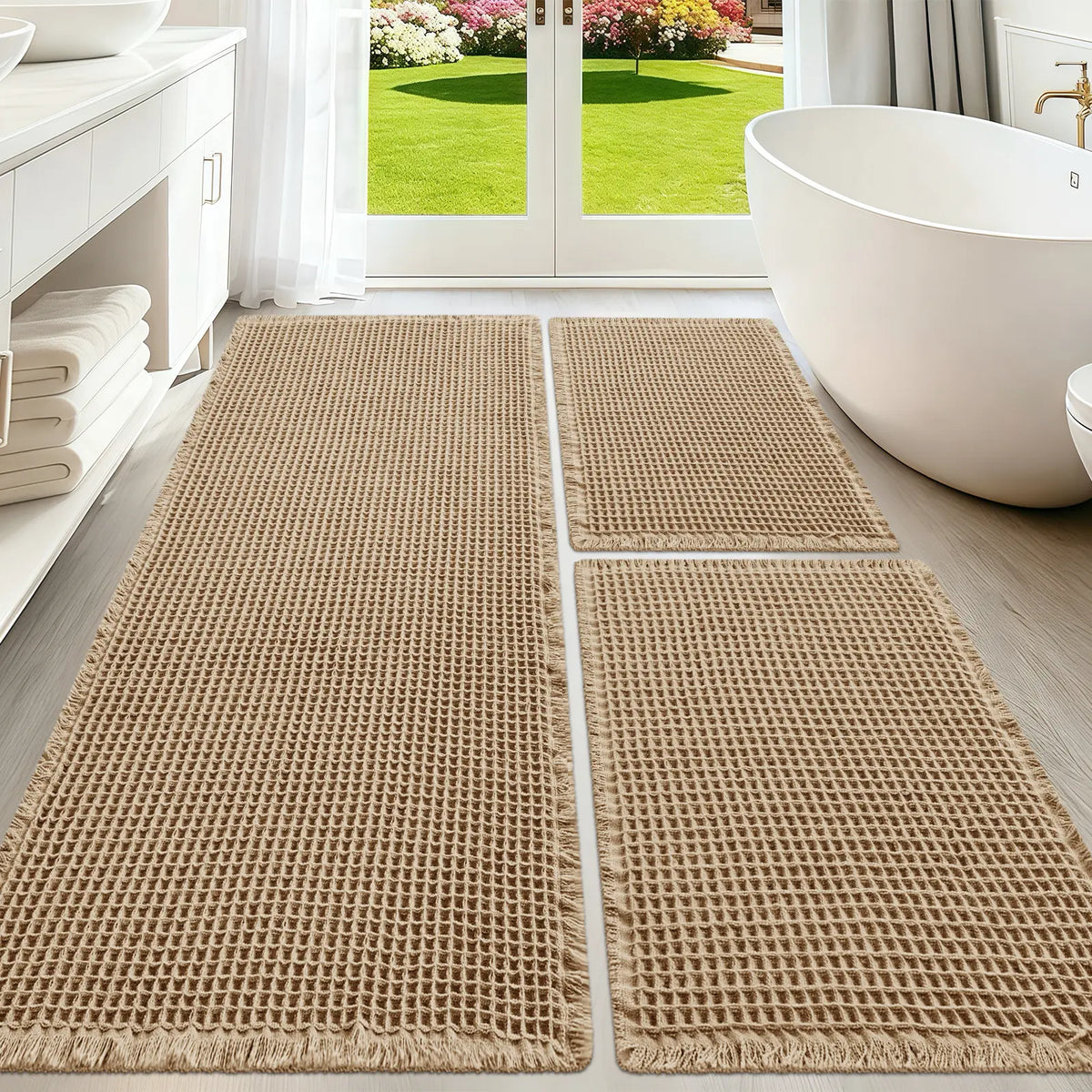 IM HOME Waffle Bath Mat 2 Piece/3 Piece Set, Boho Woven Modern Bath Mat Rugs, Absorbent Bathroom Rugs, Soft Washable Bath Rugs with Tassels for Bathroom, Bedroom, Kitchen, Shower, Tub,Halloween