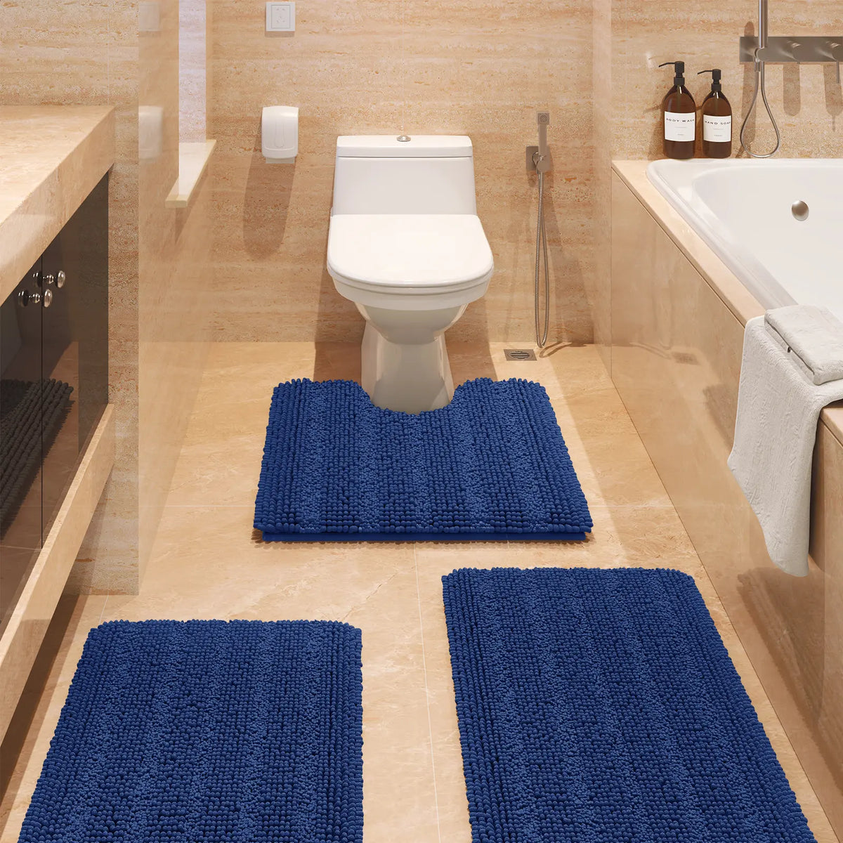 ACCUMTEK Striped Bathroom Rug Set Ultra Soft, Non Slip Chenille Toilet Mat, Absorbent Plush Shaggy Bath Mats for Bathroom, Bedroom, Kitchen
