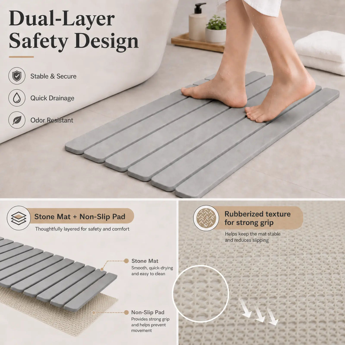 Large Diatomaceous Earth Stone Bath Mat - 24x16 in Shower Rugs for Bathroom, Water Absorbent Mat, Quick Dry, Heat Resistant, Durable, Eco-Friendly Bathroom Accessories, Box Pack
