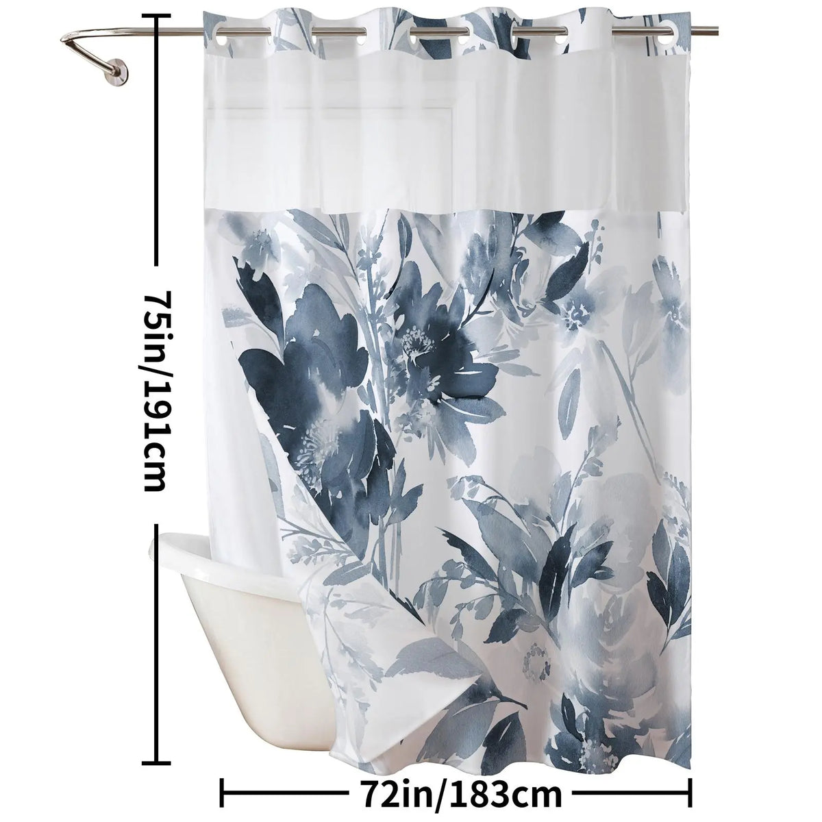 Ink and wash Floral double-layer shower curtain, no hooks, fresh country style home decoration, bathroom accessories, 72x75in