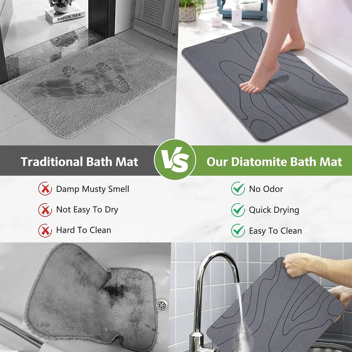 Diatomaceous Earth Mineral Bath Mat - Non-Slip Rectangle Modern Bath Tub Mat, Quick-Drying Super Absorbent Boxed Bathroom Accessory Home Essential