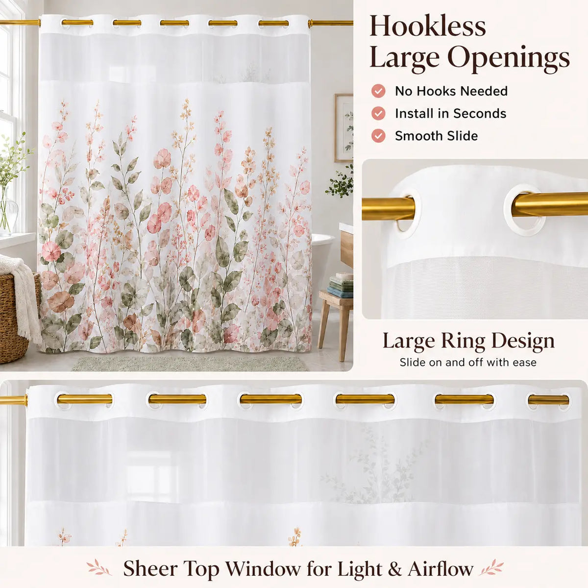 Hookless Shower Curtain with Snap-in Liner, Double Layer Floral Botanical Shower Curtain Set, Sheer Top Window, Waterproof & Washable Bathroom Curtain, 72 x 75 Inch