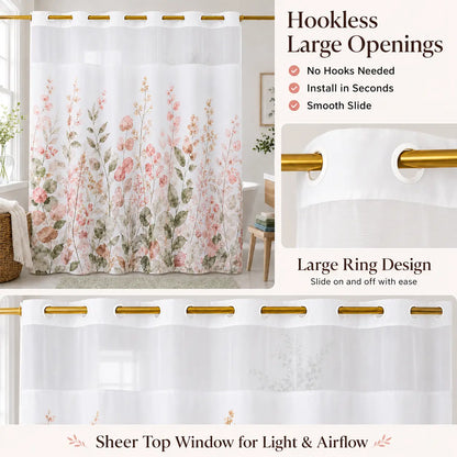 Hookless Shower Curtain with Snap-in Liner, Double Layer Floral Botanical Shower Curtain Set, Sheer Top Window, Waterproof & Washable Bathroom Curtain, 72 x 75 Inch