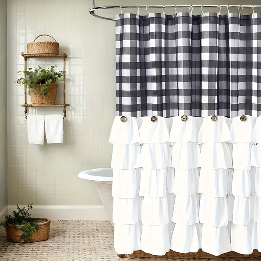 Farmhouse Ruffle Shower Curtain with Handmade Vintage Buttons, Country Buffalo Plaid Fabric Black And White Shower Curtains for Master Bathroom, Bathroom Decor Shower Curtain with 12 Holes, 72" X 72"
