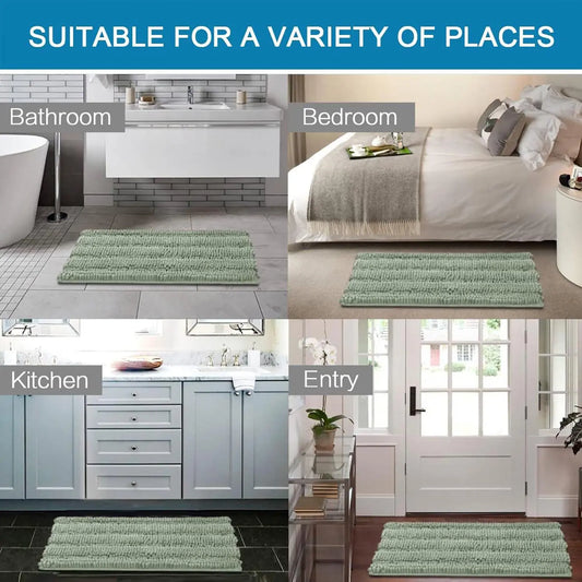 Minimal Aesthetic Striped Chenille Bathroom Rug Set - Sage Rectangle, Anti-Slip Border, Plush Extra Thick, Modern Highly Absorbent Fuzzy Bath Mats for Tub, Nonslip Home Bathroom Supplies