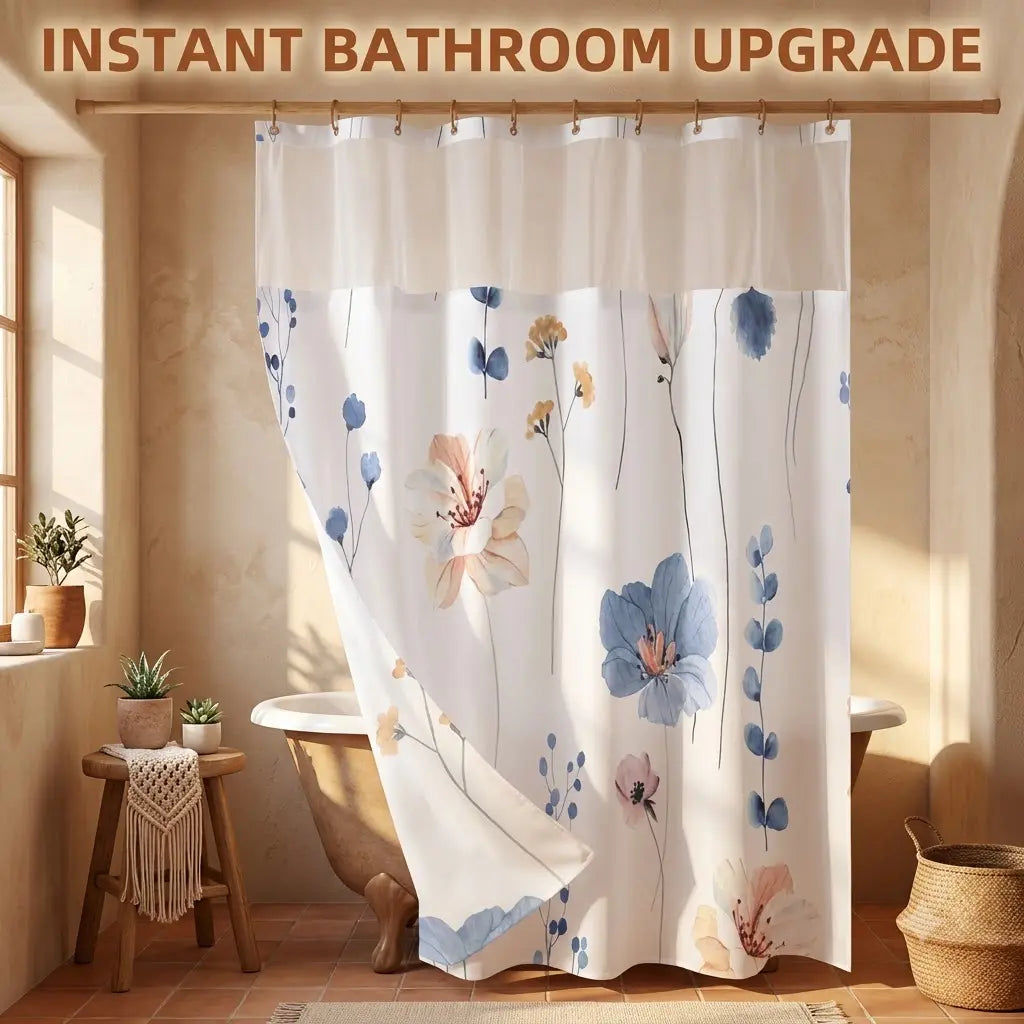 72x75 Inch No Hook Shower  with Liner, Watercolor Floral Country Style Fabric Bath  with Mesh Window