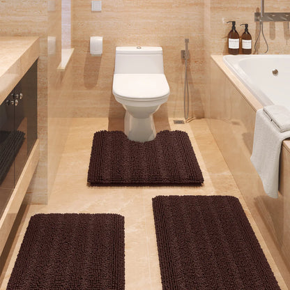 ACCUMTEK Striped Bathroom Rug Set Ultra Soft, Non Slip Chenille Toilet Mat, Absorbent Plush Shaggy Bath Mats for Bathroom, Bedroom, Kitchen