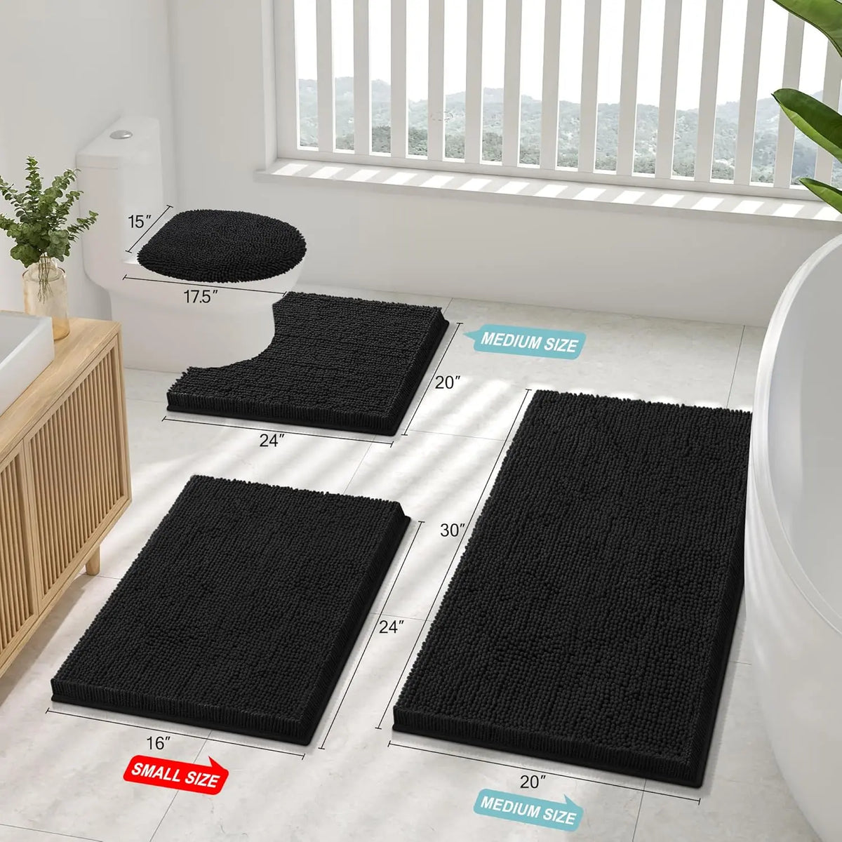 Luxury Chenille Bathroom Rugs 30x20, Extra Soft and Absorbent Non-Slip Plush Carpet Runner for Tub, Shower, and Floor, Home Decor Accessories, Black