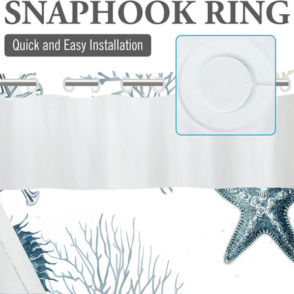 LVRLVR 1pc Coastal Ocean Print Beach Shower Curtain with Sheer Top Window, Detachable Liner & No Hook C-Ring, 70.8" x 74"