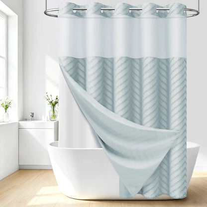DYNAMENE 3-in-1 Hook-Free Boho Tufted Chevron Striped Shower Curtain Set, Snap-In Magnetic Waterproof Liner, Modern Textured Design, Sheer Light View Window - Hook-Free Setup Saves Bathroom Time, Waterproof Liner Helps Keep Walls Dry