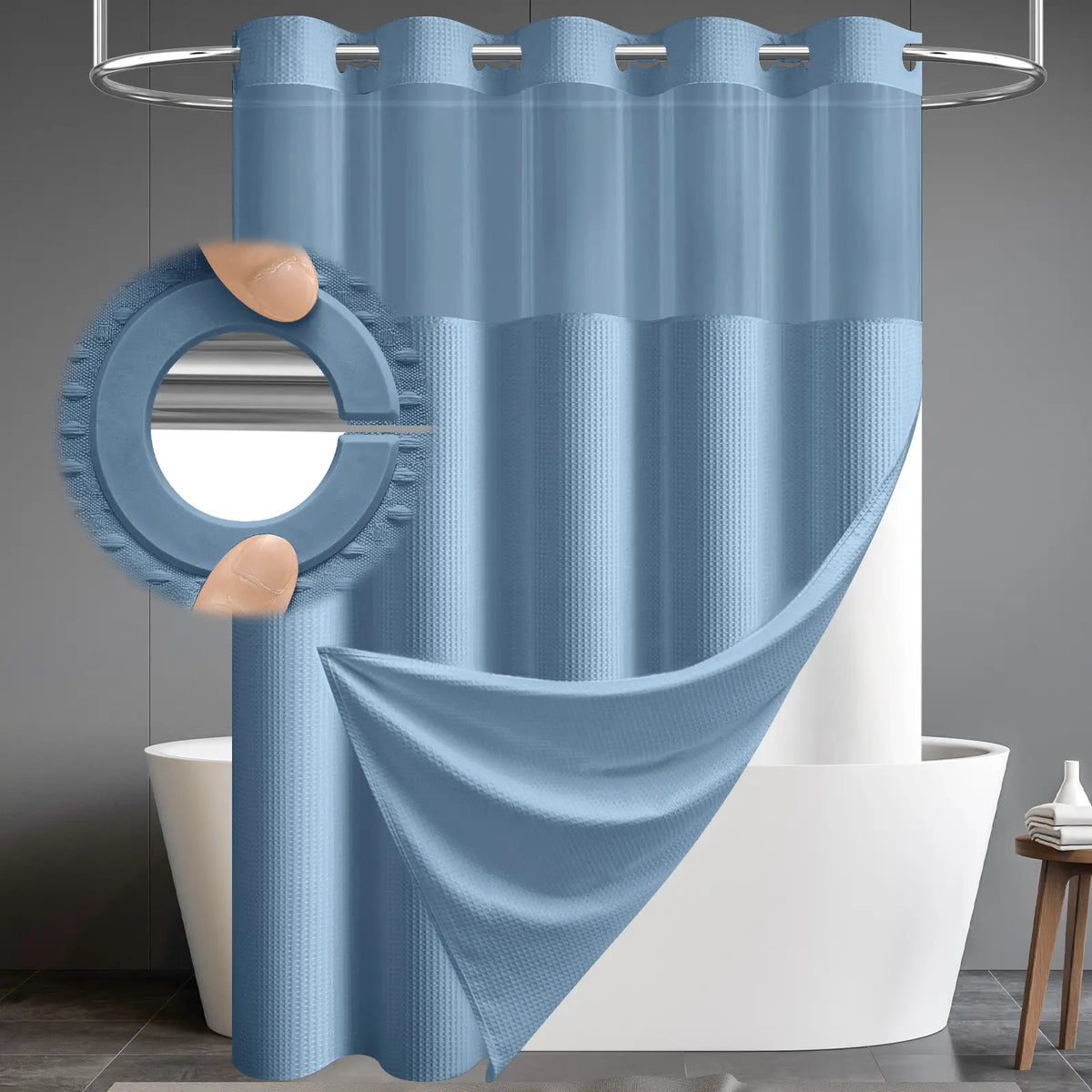 DYNAMENE Premium No-Hook Washable Waffle Weave Shower Curtain Set, Heavy-Duty Double Layer with Snap-In Detachable Waterproof Liner & Mesh Window, Contemporary Matte Finish Bathroom Accessory for Hotel-Inspired Bathroom Look