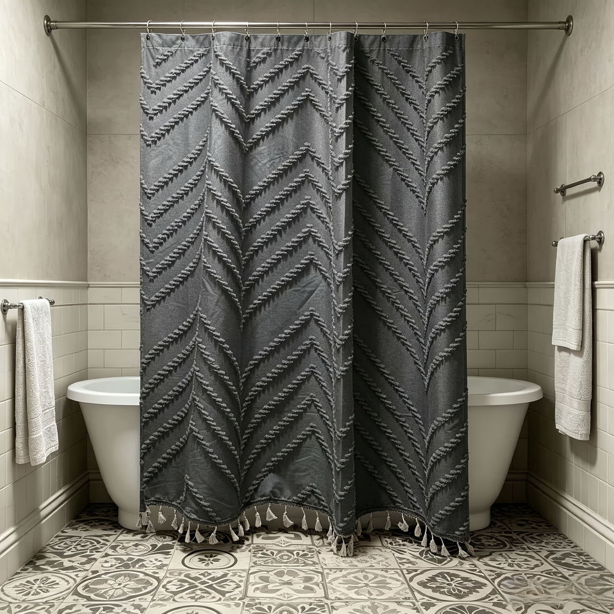1pc 3D Scalloped Tassel Style Curtain, Bohemian Style Scalloped Curtain, Home Decor Curtain, Bathroom Curtain, with Matching Hook