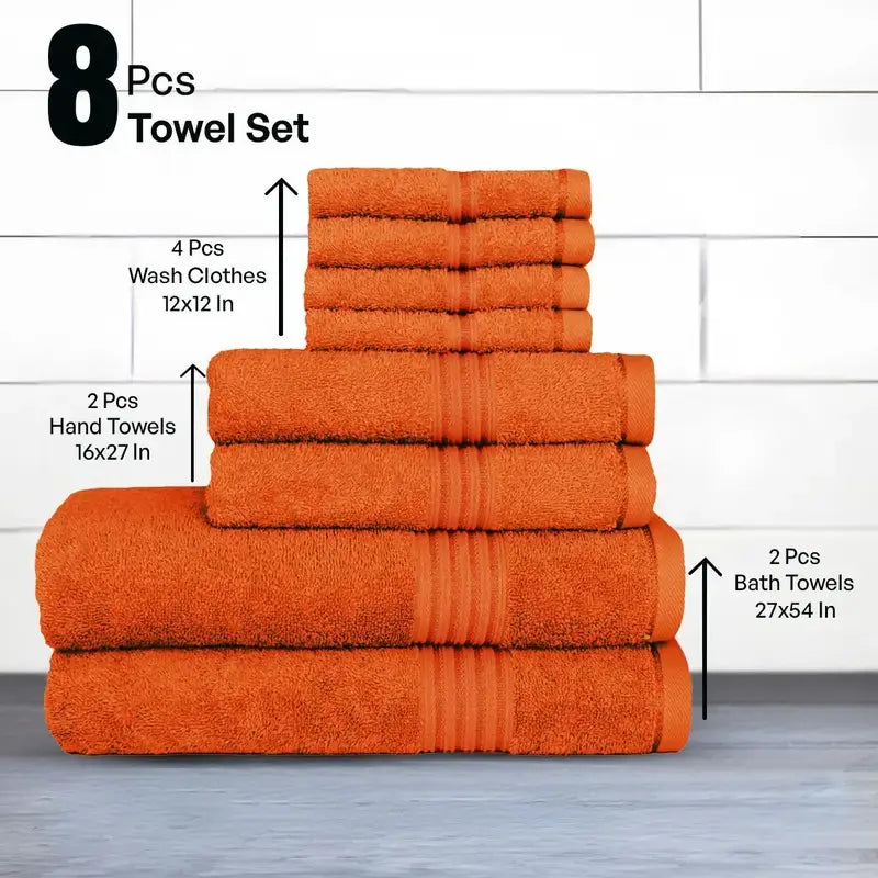 Hurbane Home Unisex Plain 8-Count 100% Pure Cotton Set - 2 Bath Towels, 2 Hand Towels, 4 Washcloths, Super Soft, Water Absorbent, Pouch Pack for Bathroom Home Use