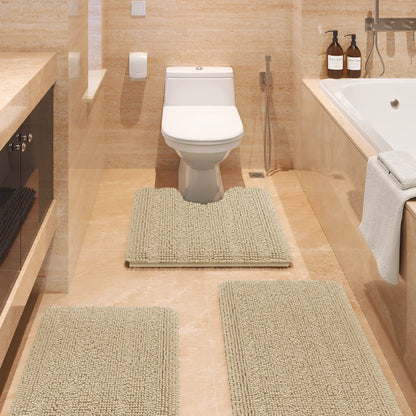 ACCUMTEK Striped Bathroom Rug Set Ultra Soft, Non Slip Chenille Toilet Mat, Absorbent Plush Shaggy Bath Mats for Bathroom, Bedroom, Kitchen