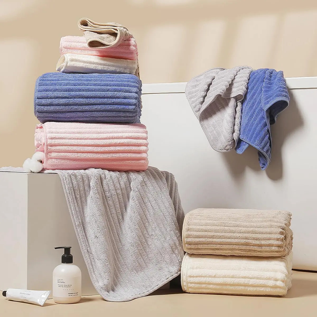 AMA SNOW 4-Pack Oversized Anti-Shrink Bath Towels - 27.6 inches x 55.1 inches Coral Fleece, Anti-Static, Soft, Quick-Dry, Striped, Breathable, Luxury Plush, Unisex, Fade Resistant, Cold Wash Safe for Bathroom, Personal Care, Beauty Use