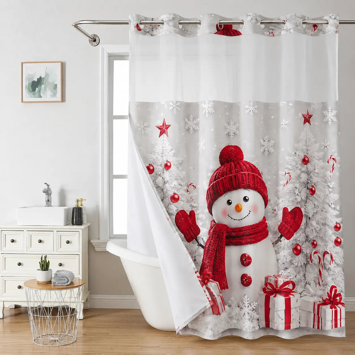 Cyan No Hooks Double-layer Shower Curtain, Daisy Printed Waterproof Fabric, Retro Country Style Home Decoration, Hotel, Dormitory and Bathroom Accessories, 72x75in