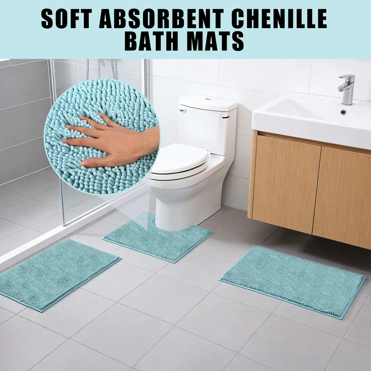 3-Piece Chenille Bathroom Rug Set, Fluffy Cloud-Like Soft Microfiber Bath Mats with Non-Slip & Absorbent Features, Multi-Size Set Pack for Shower & Tub, Machine Washable with Luxury Look, Decor, Room Decor