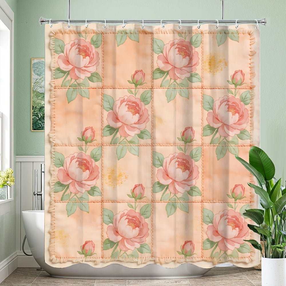 1pc Patchwork Shower Curtain with 16 Square Patches - Floral Plaid And Striped Designs, Durable Polyester Fabric, Machine Washable, 70.8X70.8 Inch Bathroom Decor with 12 Hooks, Shower Curtain for Bathrooms, Easy Maintenance, Home Decoration, Modern