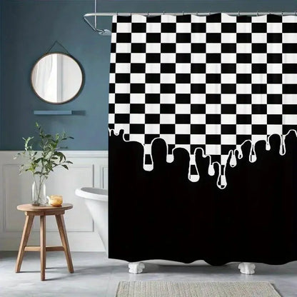 1pc black and white checkered drip pattern waterproof Decorative shower curtain, Bathroom Curtains Shower, bathroom decoration, partition, durable polyester material, easy to clean, machine washable, multiple sizes available, free hook