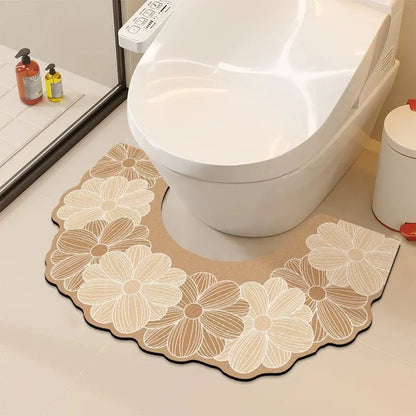 Floral U Shaped Toilet Mat, Diatomaceous Earth Bath Mat for Bathroom, Quick Dry Absorbent Floor Rug with Non Slip Backing, Decorative Toilet Floor Mat