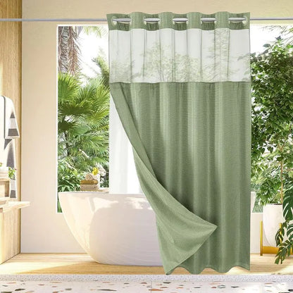72x75 in Solid Double-Layer Fabric Shower Curtain Set - Waterproof Straight Waffle Weave, Snap-in Liner, Top Sheer Window, Adjustable Rod Compatible, Non-Slip, Modern Dark Grey, Water-Draining Home Bathroom Accessory, Shower Curtains