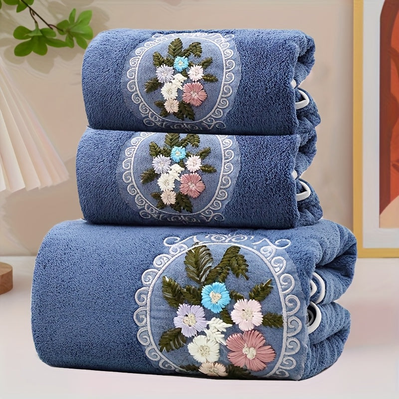 3pcs Embroidered Flower Towel Set, 2 Towels and 1 Bath Towel, Soft Absorbent Household Bath Towel, Bathroom Bath Towel, Face Towel, Towel, Soft and Skin-friendly Suitable for Home Use, Bathing, Seaside Bath Towel.
