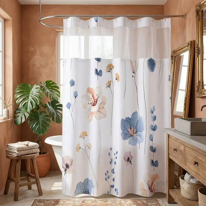 72x75 Inch No Hook Shower  with Liner, Watercolor Floral Country Style Fabric Bath  with Mesh Window