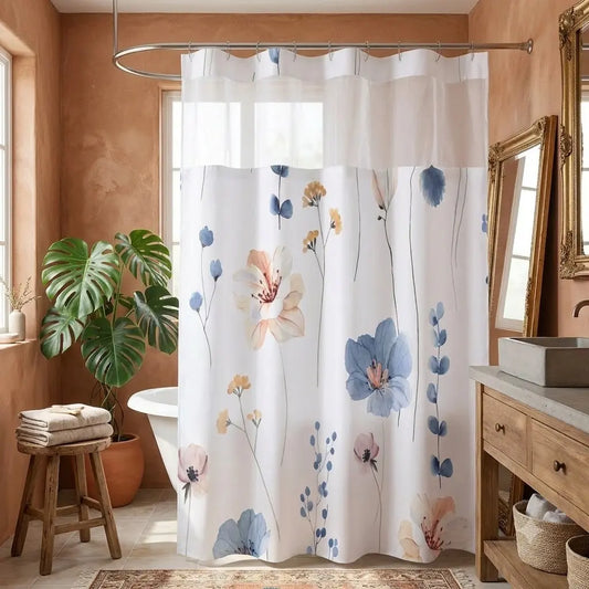 72x75 Inch No Hook Shower with Liner, Watercolor Floral Country Style Fabric Bath with Mesh Window